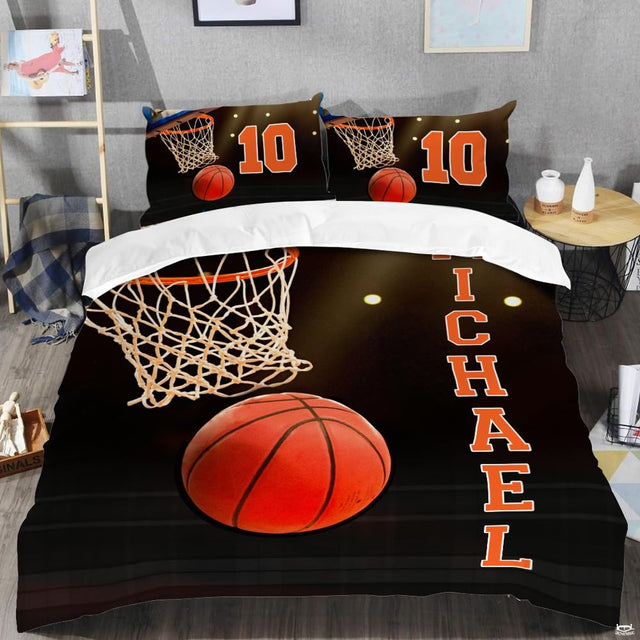 Close-up perspective of basketball bedding showing detailed white woven net cords and orange rim