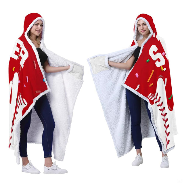 Melting red drip baseball hooded blanket displayed from behind