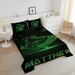 Dynamic ice athlete graphic with luminous green trails styled for a modern hockey player bedroom.