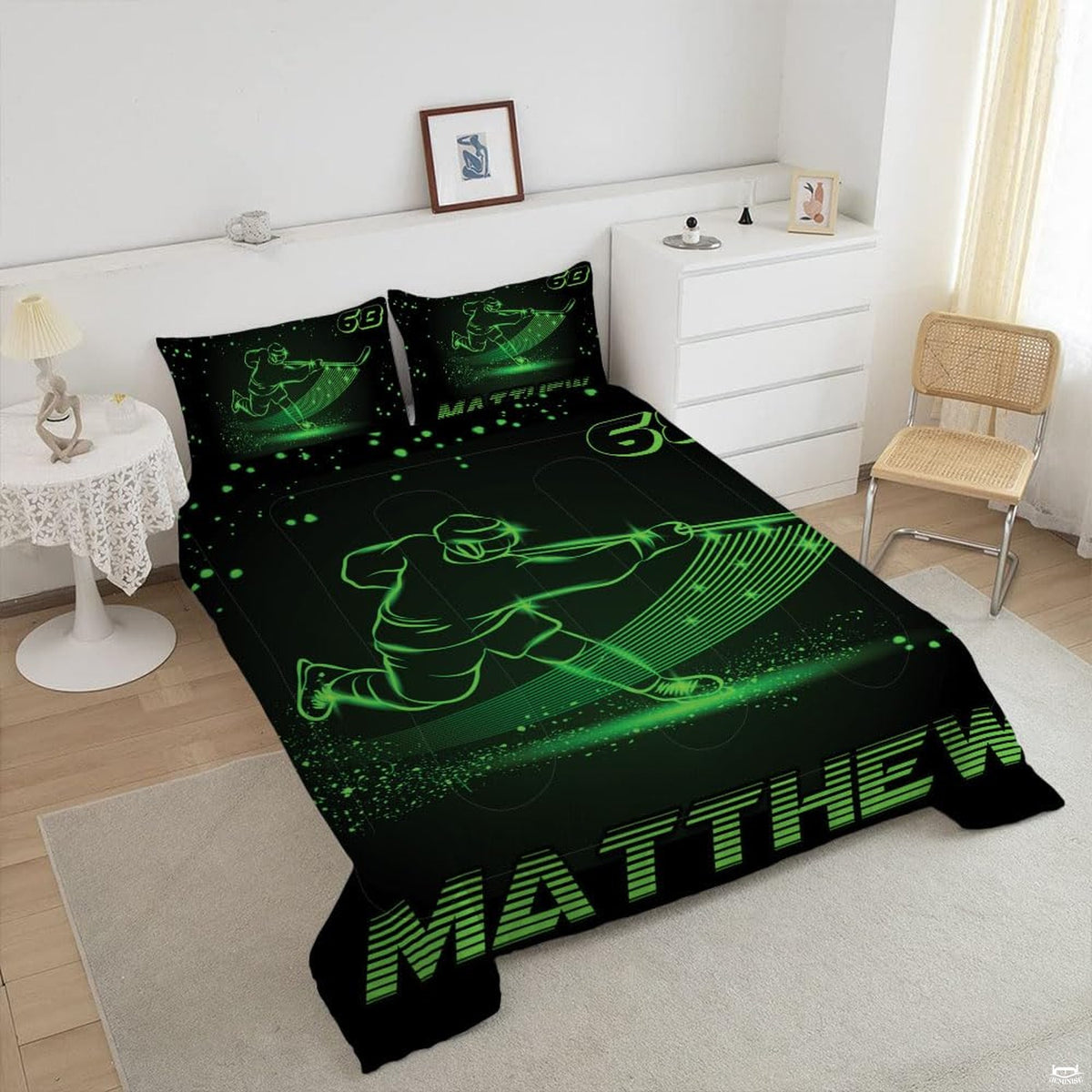 Dynamic ice athlete graphic with luminous green trails styled for a modern hockey player bedroom.