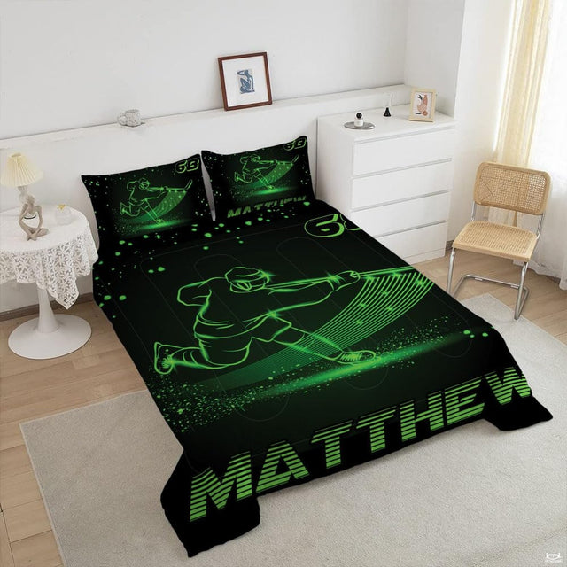 Dynamic ice athlete graphic with luminous green trails styled for a modern hockey player bedroom.