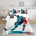 Watercolor ice hockey bedding featuring dynamic skater artwork with cyan and crimson splash effects