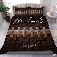Football laces comforter with Michael 33 on bed