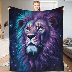 Cosmic galaxy lion bedding set featuring glowing violet and teal nebula artwork on bed display