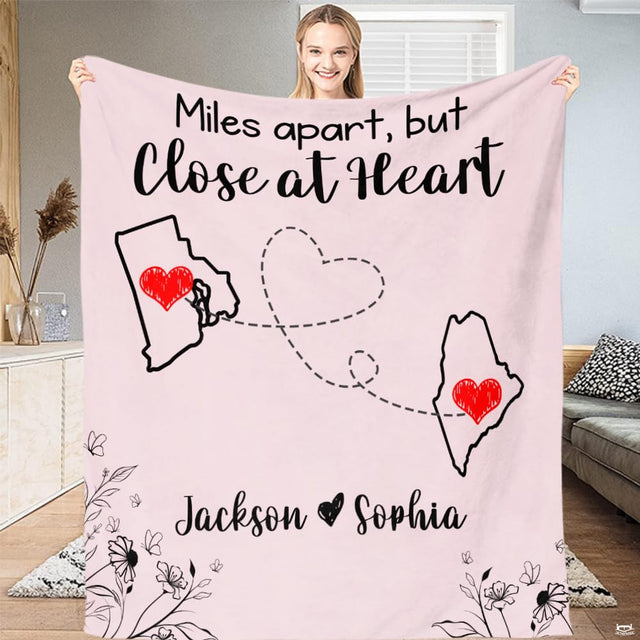 Full graphic layout featuring paired state outlines joined by a dotted looped trail and floral accents