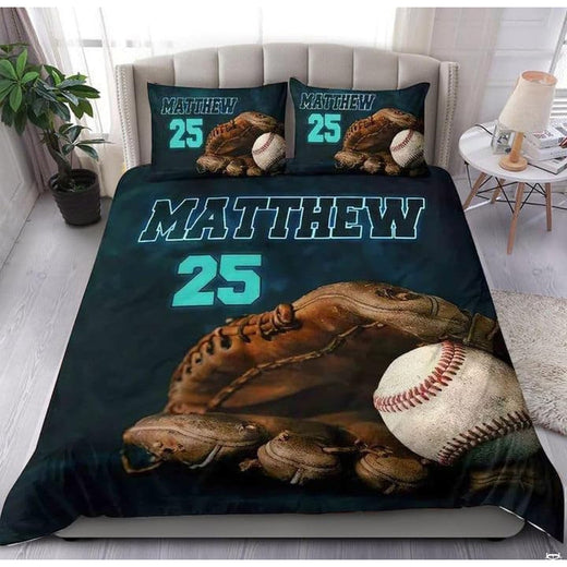 Vintage baseball bedding displaying classic fielding mitt and ball highlighted by radiant teal glow on navy background