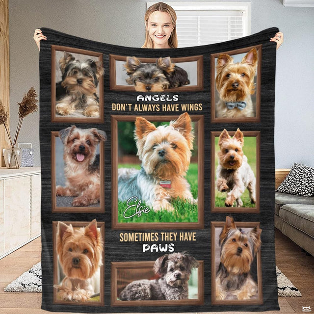 Full view of Yorkshire Terrier framed collage blanket held up indoors.