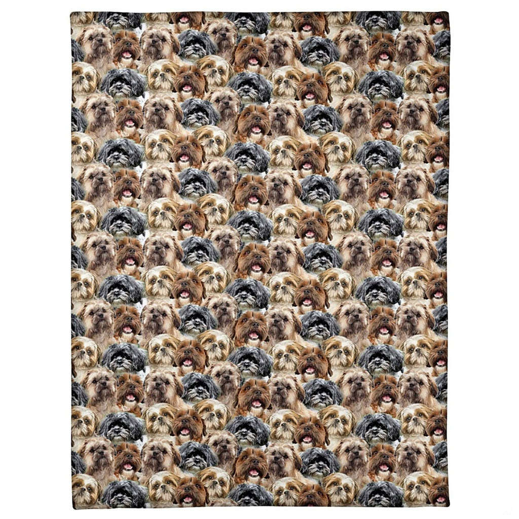 All-over pattern display showing a dense photo collage of smiling Shih Tzu dog portraits.