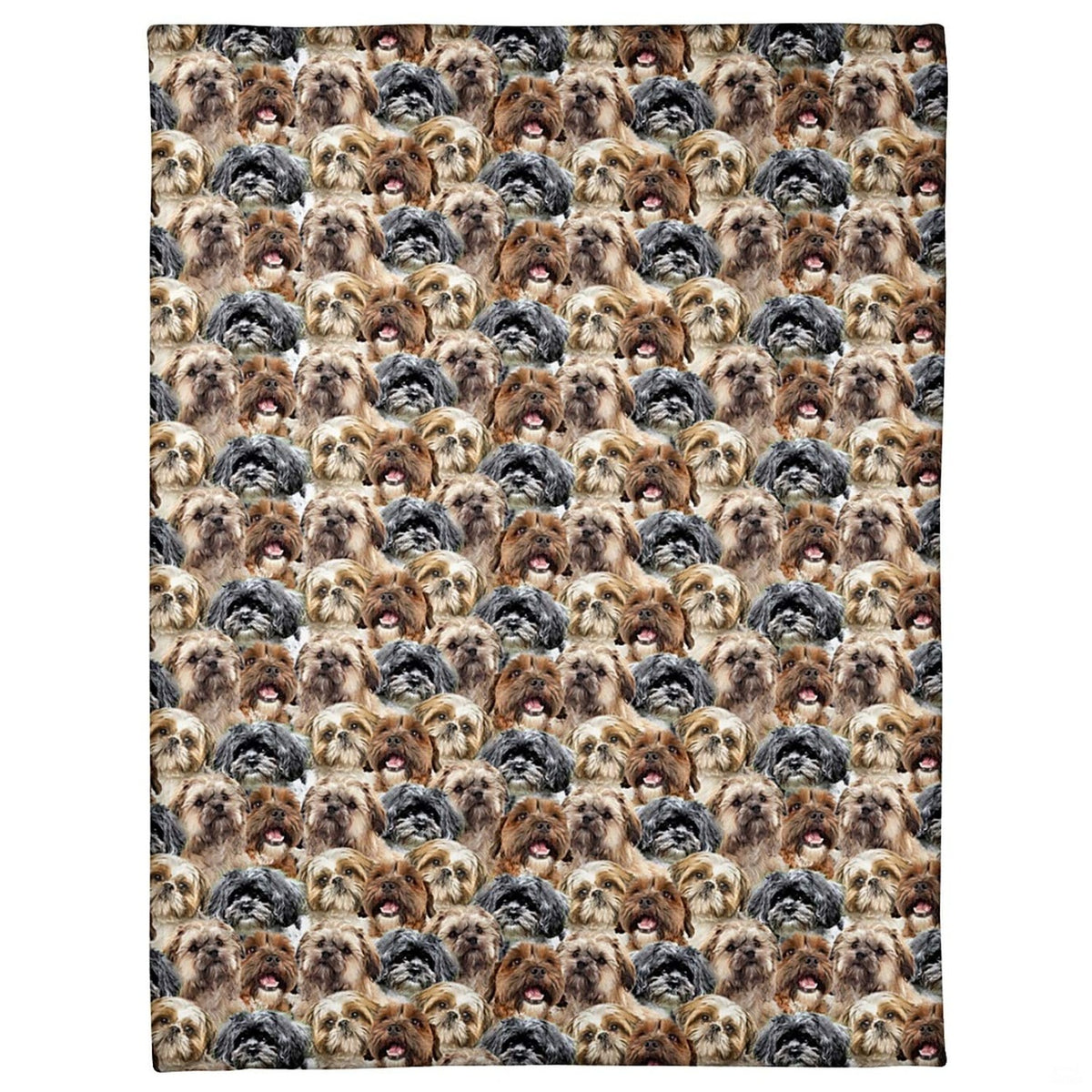 All-over pattern display showing a dense photo collage of smiling Shih Tzu dog portraits.