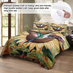 Bedroom view with teal hummingbird and oversized sunflower art