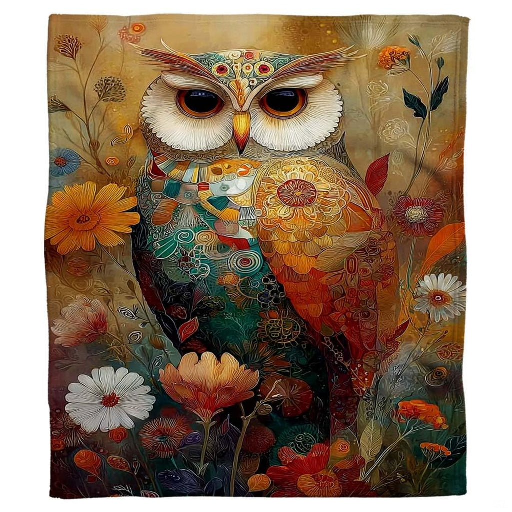 Intricate geometric spiral motifs and floral feather patterns on the bohemian owl blanket