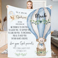 Teddy bear bedding featuring a watercolor bear riding a striped hot air balloon with olive sprigs.