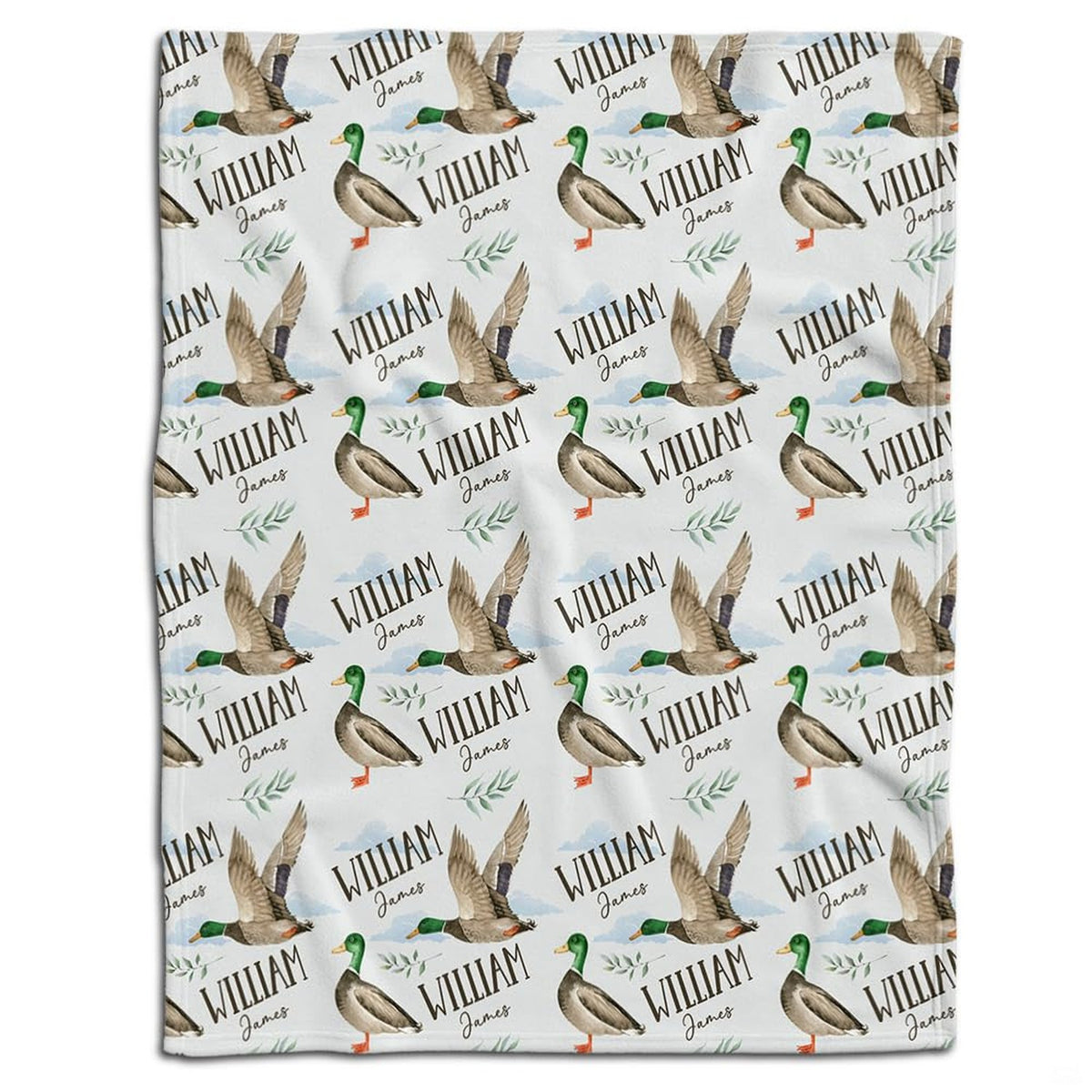 Mallard duck bedding set showcasing standing and flying waterfowl pattern with botanical greenery sprigs on white ground