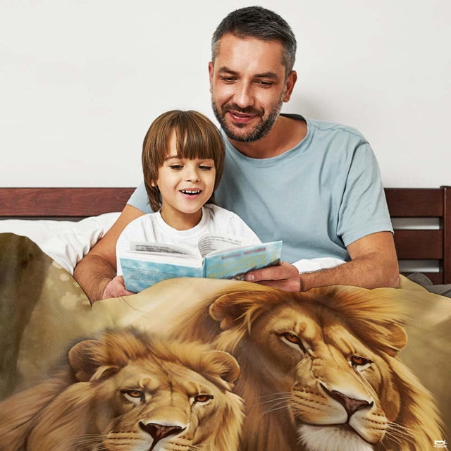 Close-up of realistic lion pride artwork displaying detailed golden manes and thematic accent amber tones.
