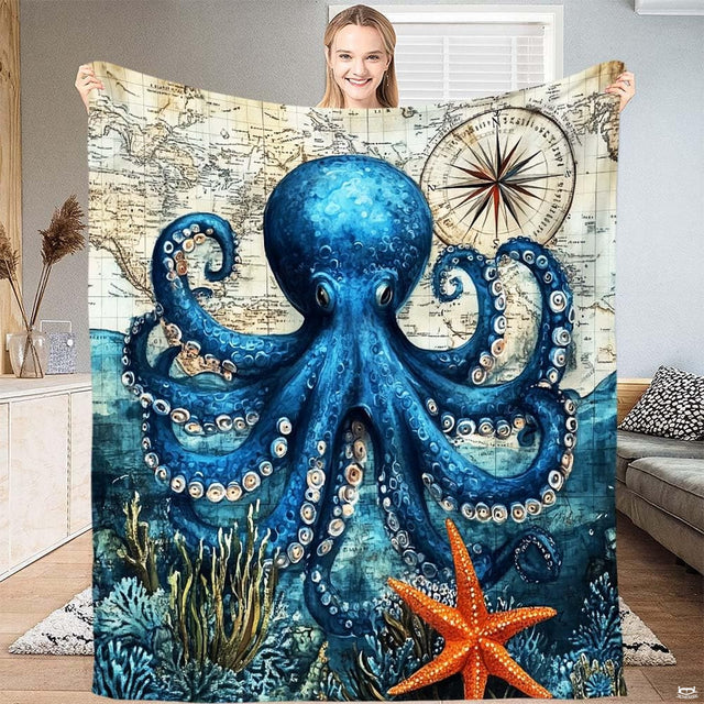 Blue octopus on vintage nautical map with coral reef and starfish throw blanket