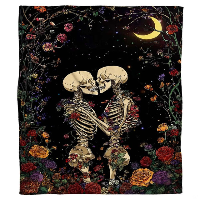 Skeleton lovers kissing throw blanket draped across living room armchair