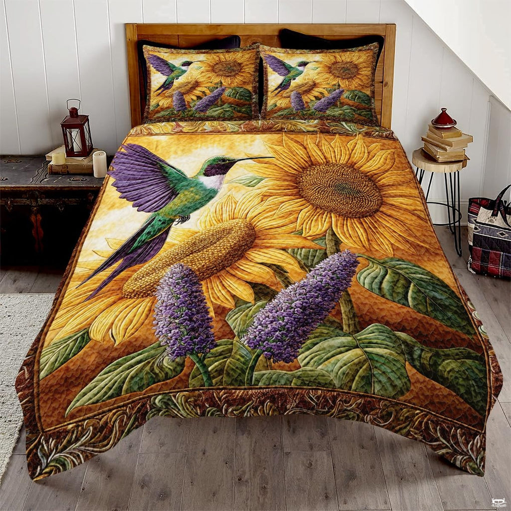 Green hummingbird and yellow sunflower bedding artwork in a warm golden bedroom