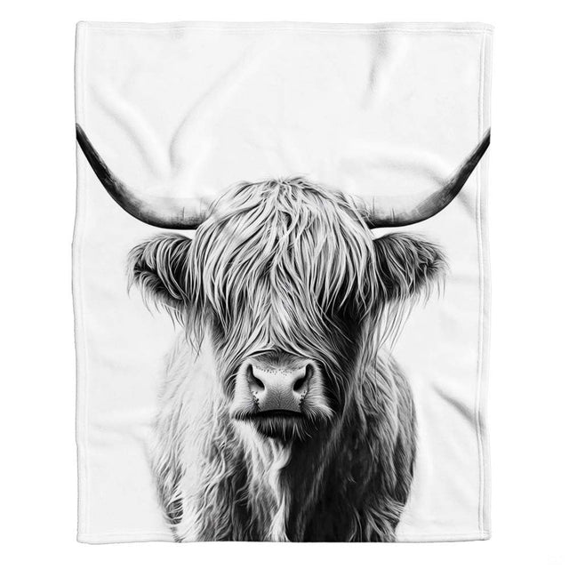 Detailed close-up of shaggy Scottish cattle illustration on rustic highland cow decor bedding