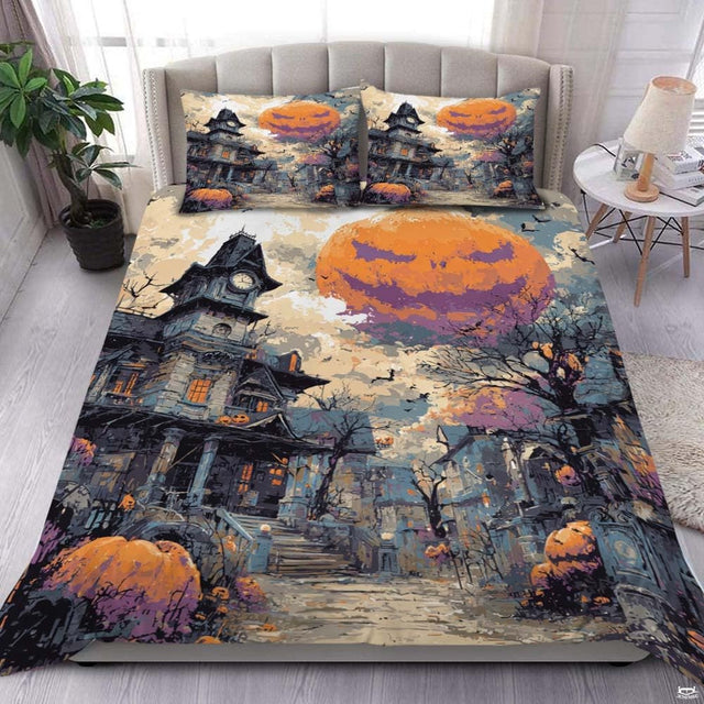 Overhead bedroom view displaying haunted clock tower pumpkin moon bedding with matching pillowcases.