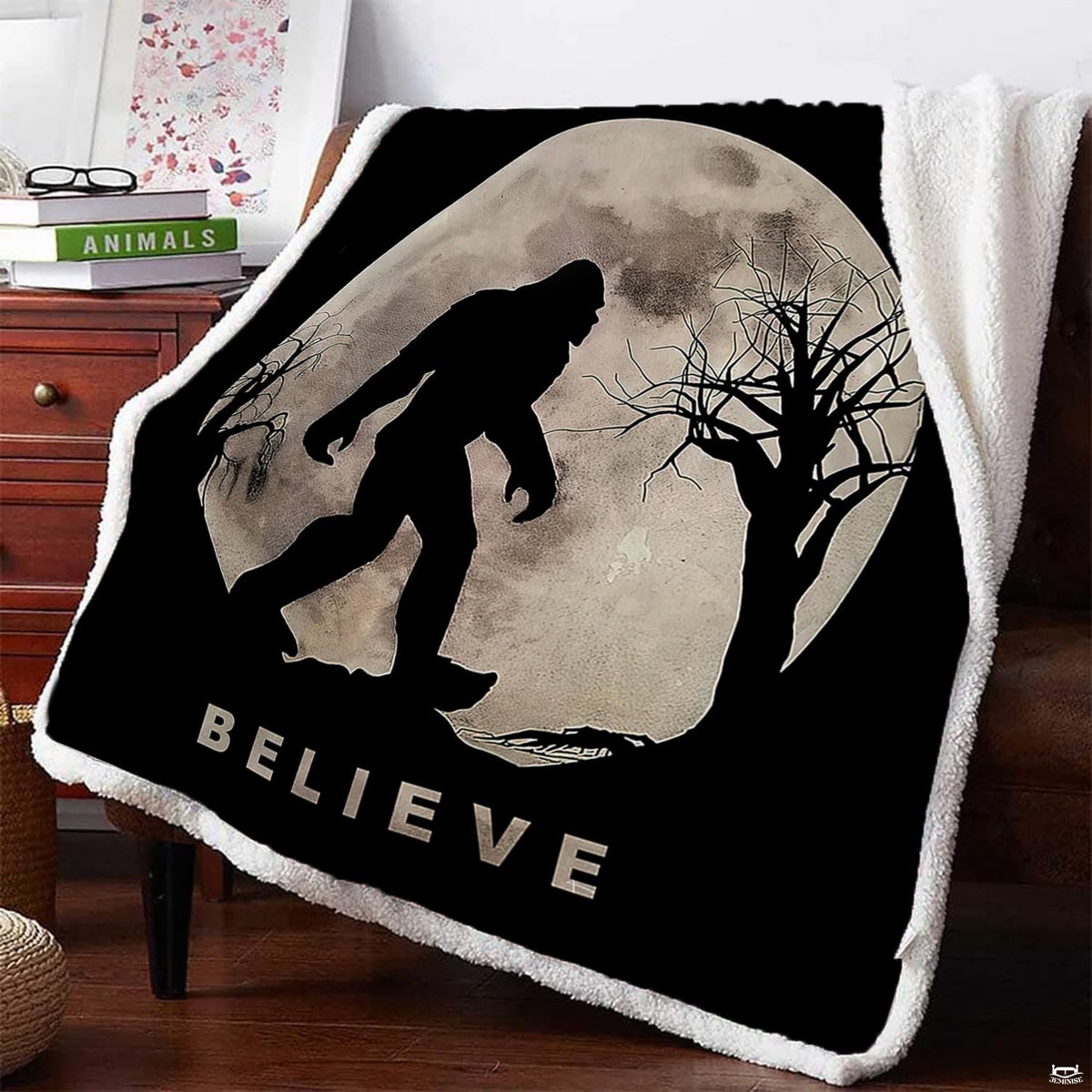 Cryptid room decor focal piece displaying Bigfoot woodland silhouette under nighttime sky