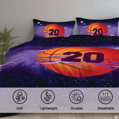 Galaxy bedding set visual motif highlighting celestial purple dust and midnight blue space tones.