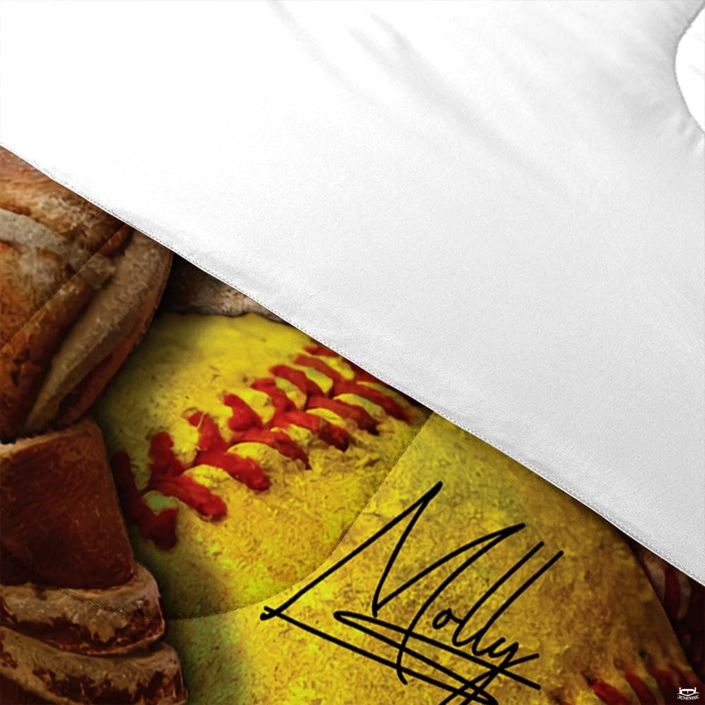 Folded presentation of baseball helmet bedding displaying sharp graphic clarity in rich rustic brown tones