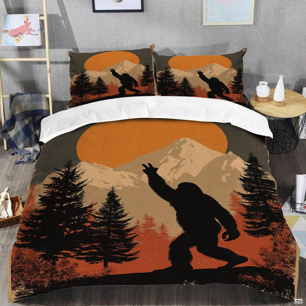 Top angle perspective of bigfoot silhouette bedding showing detailed striped sunset rings and pine tree accents.