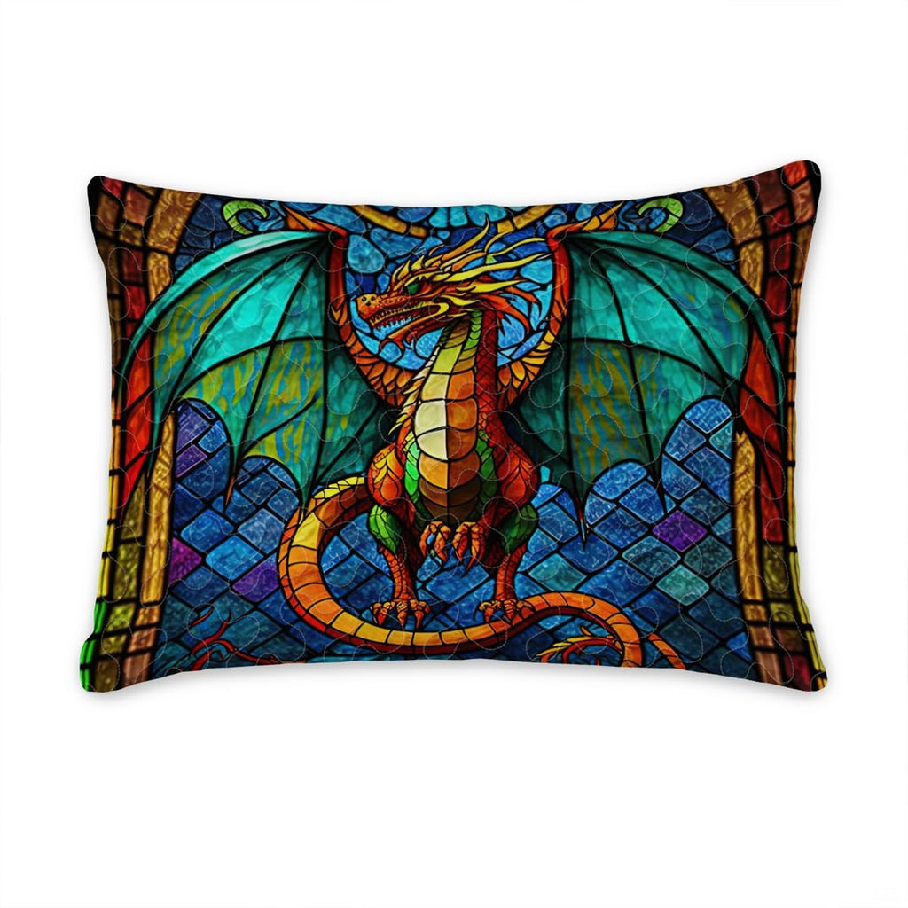 Pillow sham featuring a full winged dragon in an arched stained glass scene