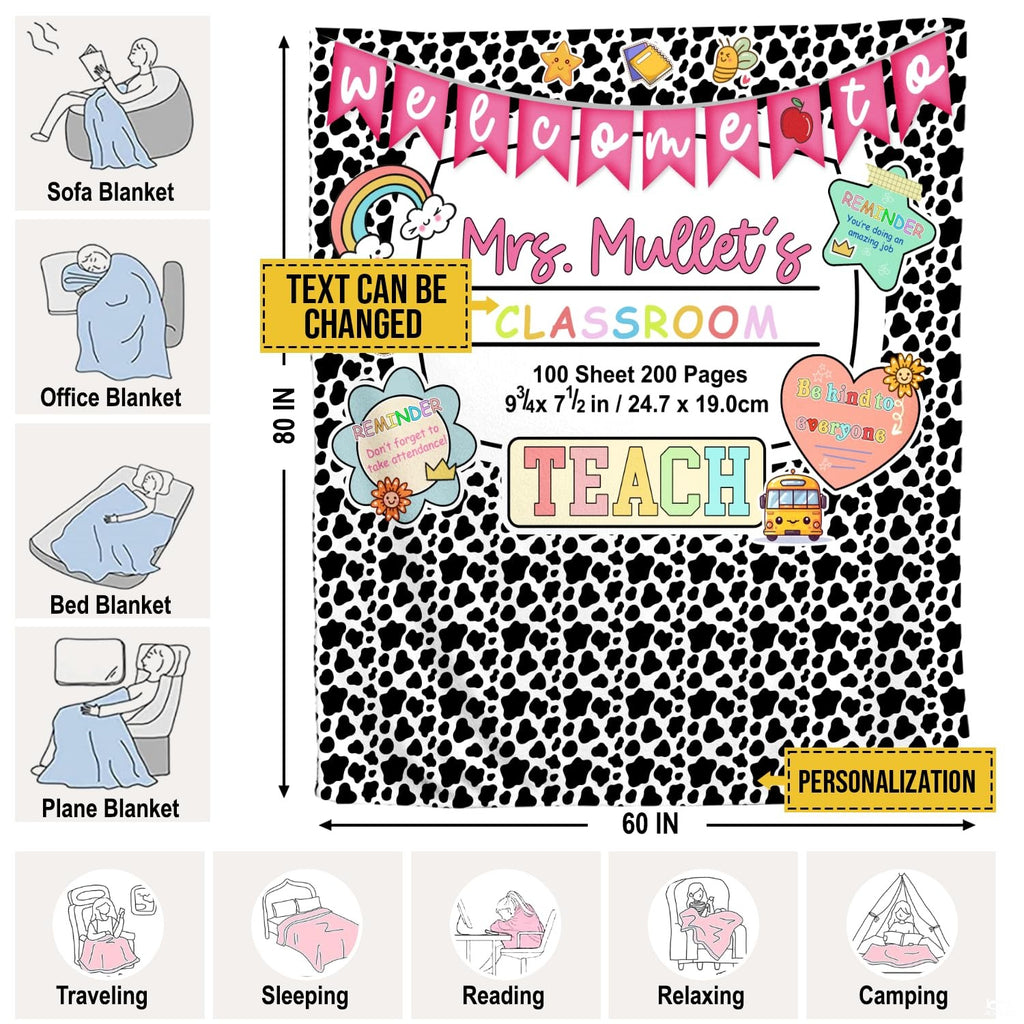 Full flat overhead view showing the complete spotted pattern and schoolhouse doodle layout.