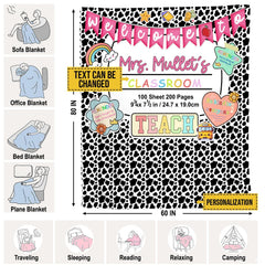 Full flat overhead view showing the complete spotted pattern and schoolhouse doodle layout.