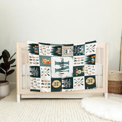 Forest bedding set visual artwork display highlighting deep evergreen and crisp white color palette.