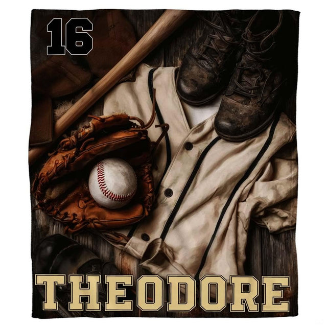 Vintage baseball throw blanket featuring retro uniform jersey, wooden bat, cleats, and fielding mitt
