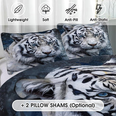 Close view of white tiger face pillow art and matching bed design