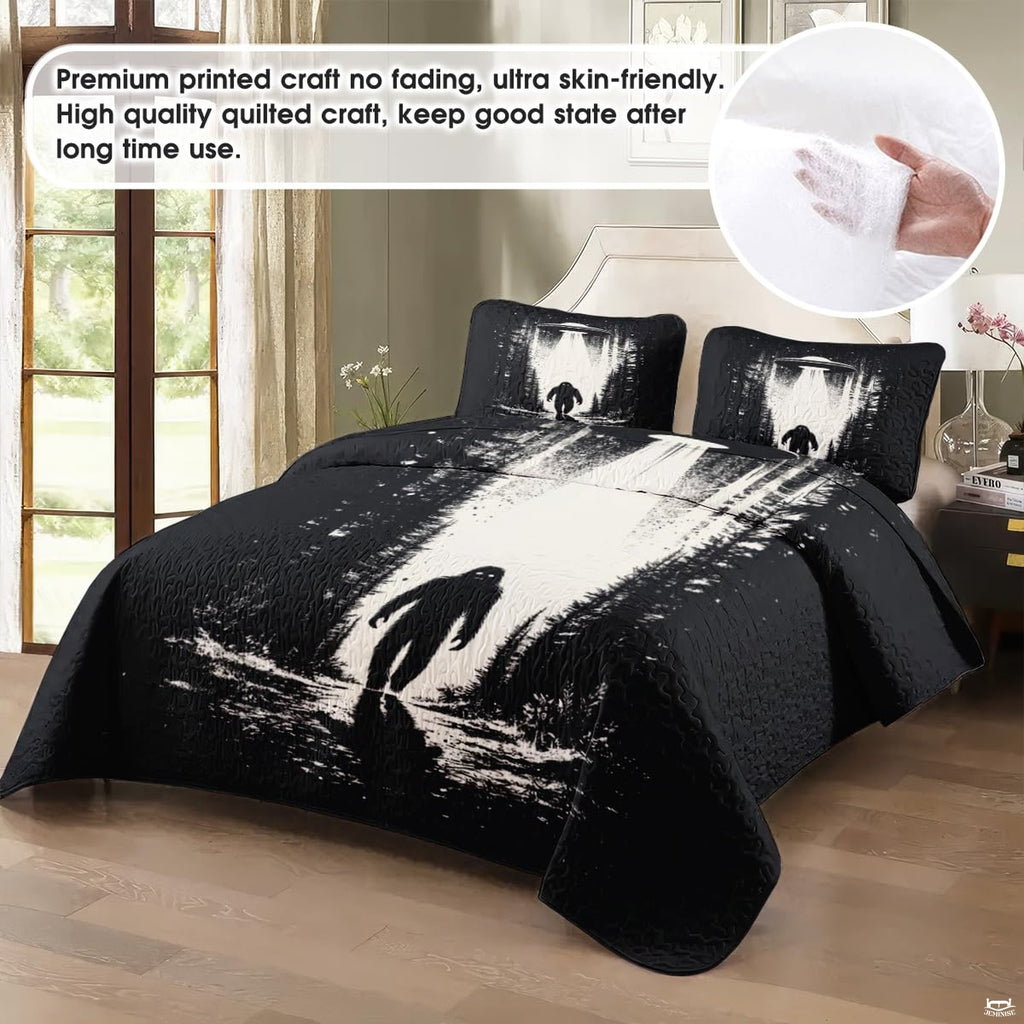 Monochrome woodcut Bigfoot art under a spacecraft light beam.