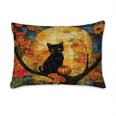 Matching pillow sham detail for autumn bedding set displaying coordinated black cat on tree branch