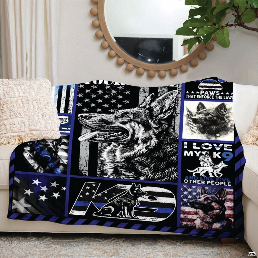Bedroom styling showcasing police canine graphics paired with modern dark blue decor.