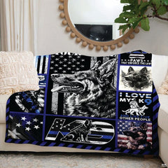 Bedroom styling showcasing police canine graphics paired with modern dark blue decor.