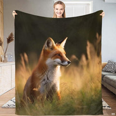 Golden hour red fox meadow throw blanket displaying alert seated fox in sunlit pasture grasses