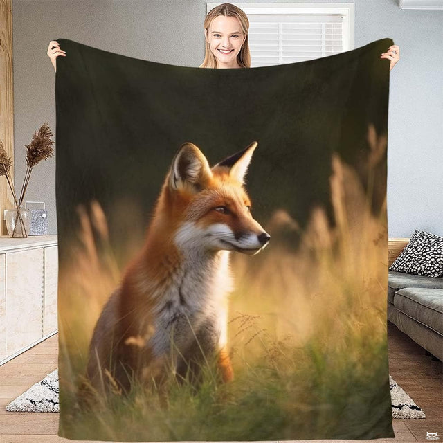Golden hour red fox meadow throw blanket displaying alert seated fox in sunlit pasture grasses