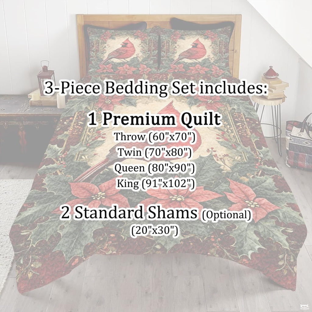 Full room setting featuring ruby cardinal bedding as the festive centerpiece of a rustic bedroom