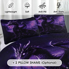 Close view of purple horned dragon wing scales and glowing eye