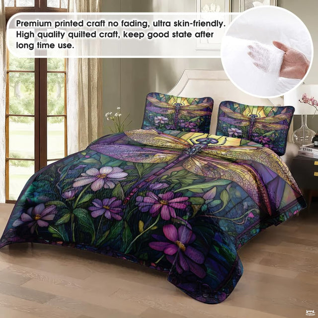 Dragonfly floral bedding in a softly lit bedroom