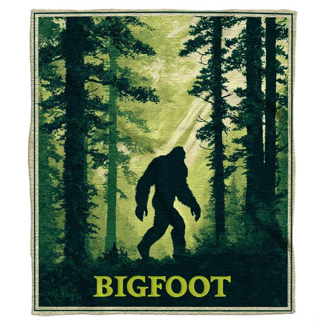 Sasquatch forest throw blanket view 2 highlighting evergreen trees, sunbeams, and rustic poster borders