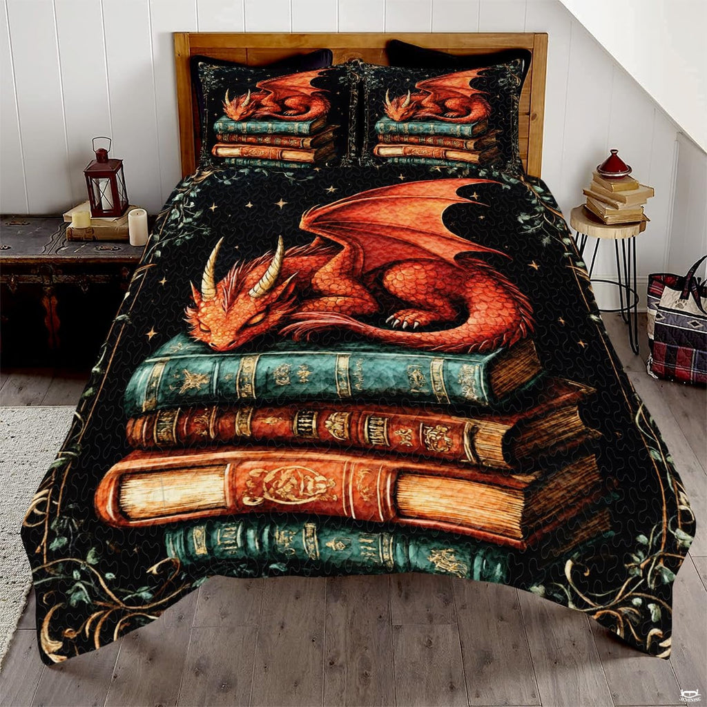 Sleeping red dragon book bedding in a bright bedroom