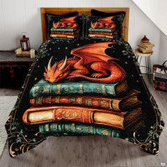 Sleeping red dragon book bedding in a bright bedroom