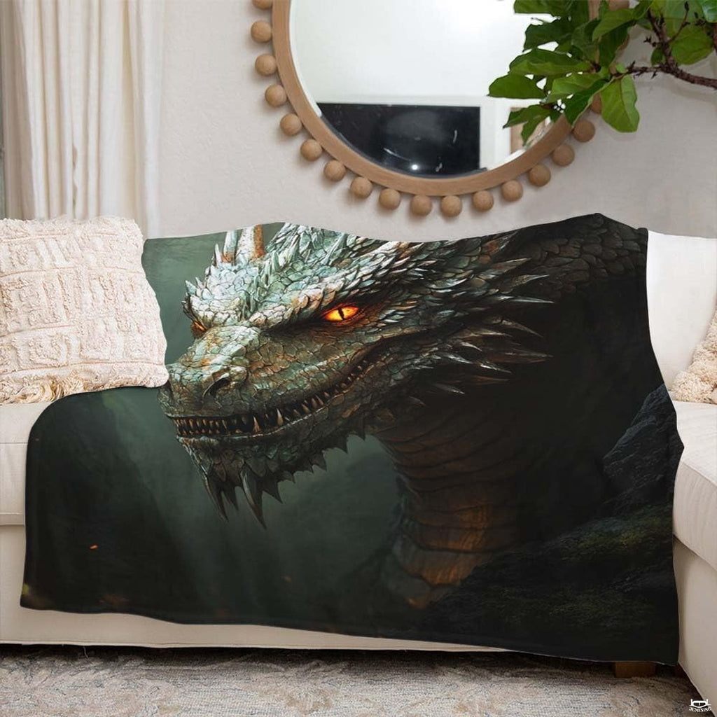Cinematic fantasy painting of epic horned dragon with glowing amber eyes in dark forest, view 3.