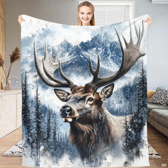 Rustic cabin bedroom ideas display showing winter bull elk bedding paired with natural wood decor.
