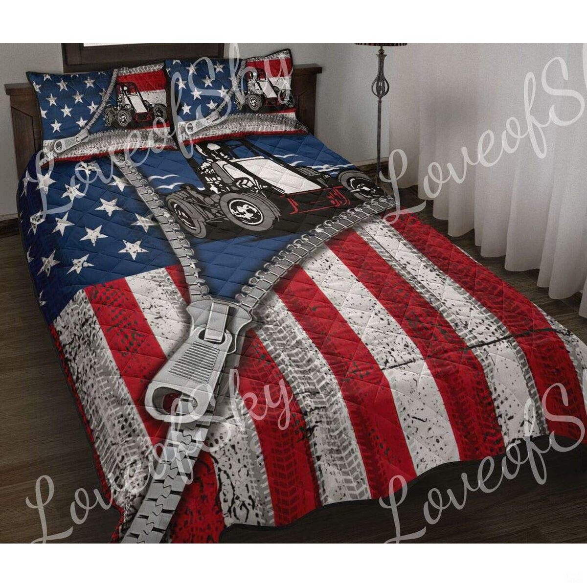 Close-up perspective of racing bedding highlighting non wing sprint car drifting with American flag details