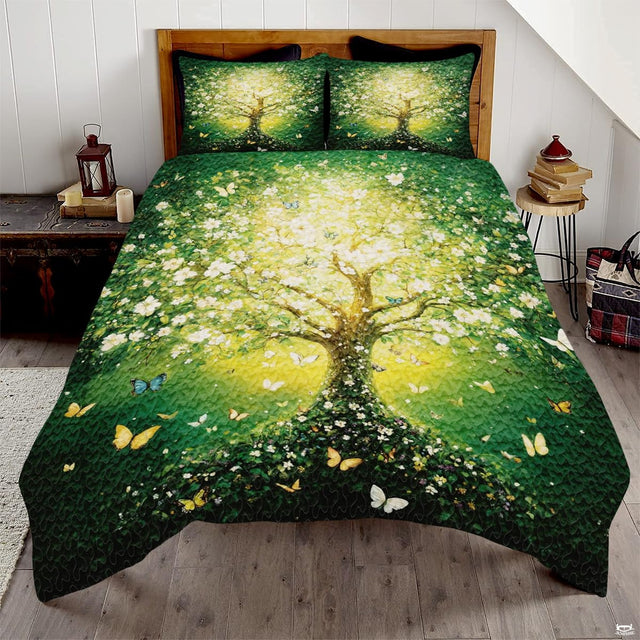 Enchanted glowing tree of life bedding set displaying lush foliage and delicate butterflies in emerald green.