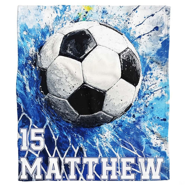 Dynamic soccer goal artwork showcasing cerulean and navy splash graphics.